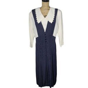 Vintage 70s 80s Navy Blue Polka Dot Prairie Ruffled Collar Dress